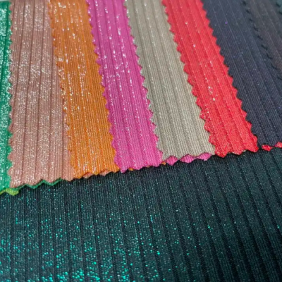 China supplier polyester spandex shiny glitter foil knitted 4*2 ribbed sweater rib fabric