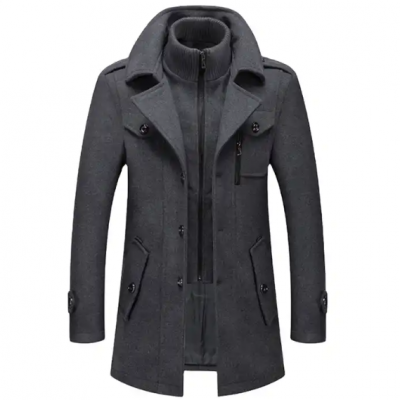 Men Woolen Overcoat Double Collar Casual Trench Coat 