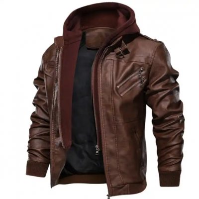 leather jacket detachable coat with hat